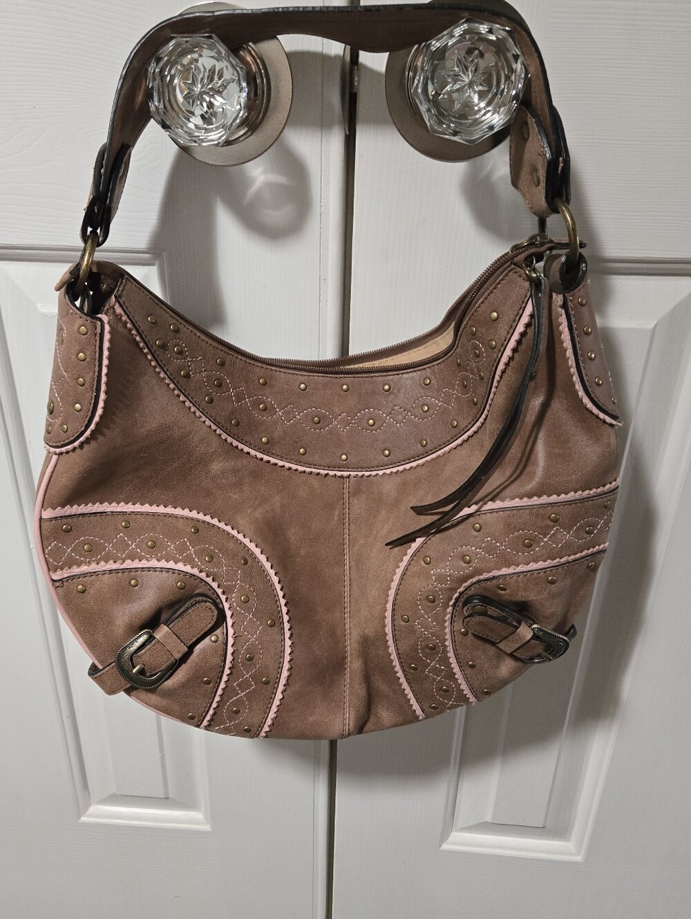 American West Women's Genuine Leather Brown & Pink Studded Hobo Shoulder Bag